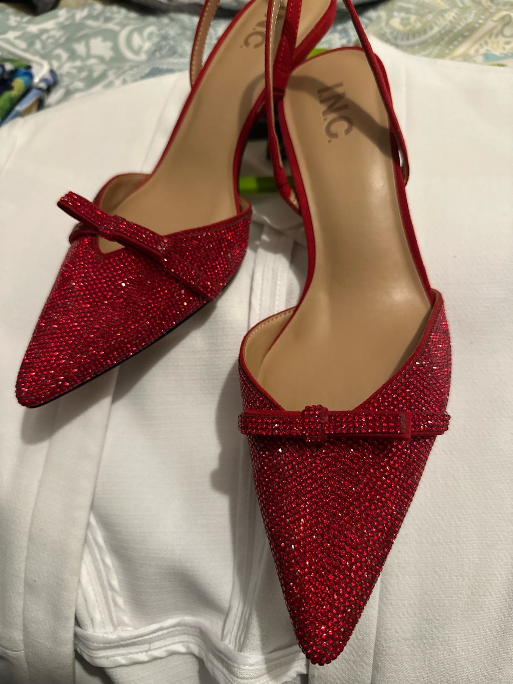 INC International Concepts Red Glitter Pointed Slingback Heels w Bow Detail 7.5